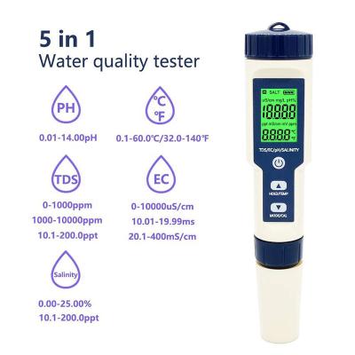 Multiparameter pH Meter 5 in 1 TDS/EC/Salinity/TEMP Tester with Replaceable Electrode