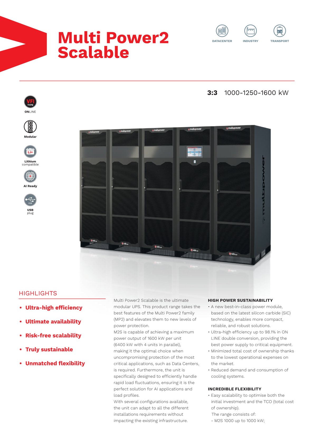 Riello Multi Power2 Scalable Modular UPS 1000-1600KVA Three Phase Online UPS for Data Centers
