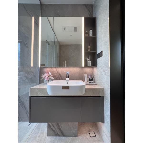 Elegante moderno minimalista elegante chic refinado de acero inoxidable baño de la vanidad con luz de mármol encimera