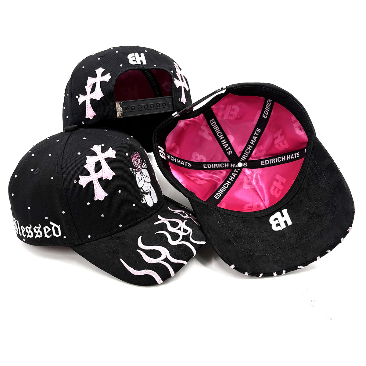 Dragon Ball Hat Gorra Embroider PU Crosses Patch Gamuza Visor Bling Rhinestone Fire Flames On Suede Brim White Shiny