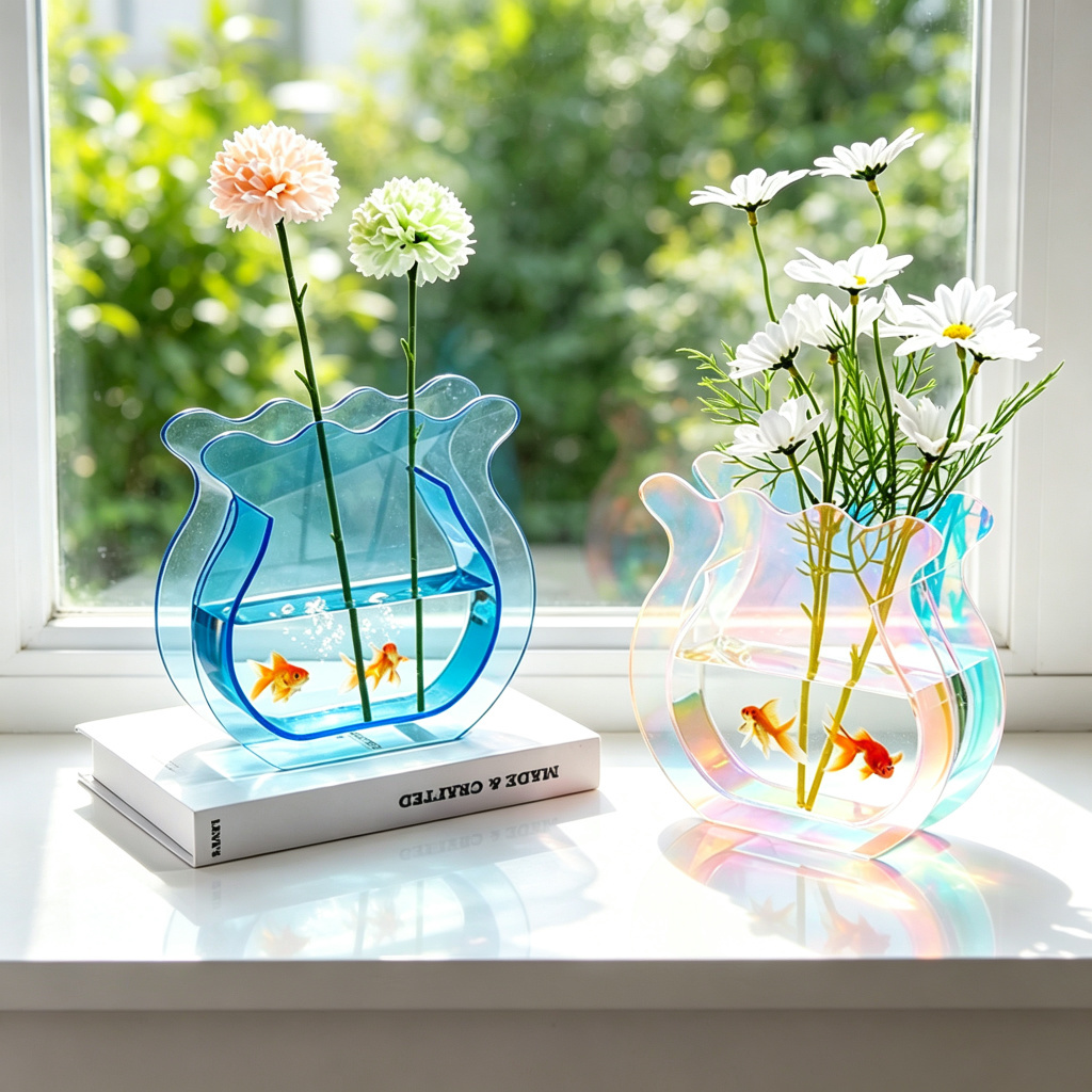 Fish Shaped Acrylic Vase | Clear Flower Vase & Mini Fish Bowl | Modern Table Centerpiece for Wedding, Home & Office Decor