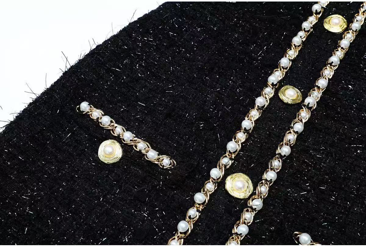 Women's Pearl & Gold Chain Trim Tweed Mini Dress with Slim Waist Shaping and Luxury Boutique Style