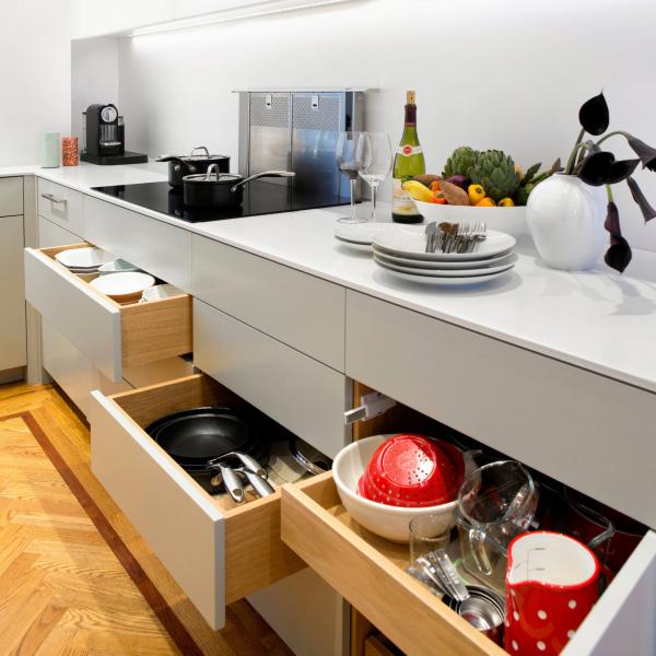 L Shape White And Gray Kitchen Storage Cabinet Lacquer Kitchenette All In One