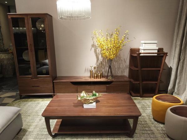 2017 New Walnut Wood Furniture Design Living room Combined TV Wall Units by Tall Cabinets and Floor stand & Hang Racks