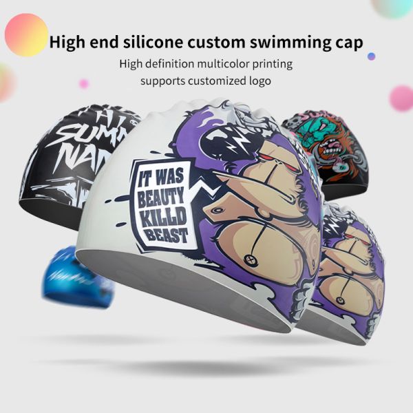 Eco-Friendly Funny Printed Silicone Swim Cap - Soft Waterproof Pool Swimming Cap for Women