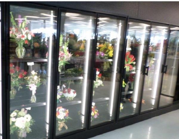 A caminhada da exposição floral nos refrigeradores anda no aço colorido da porta o refrigerador de vidro