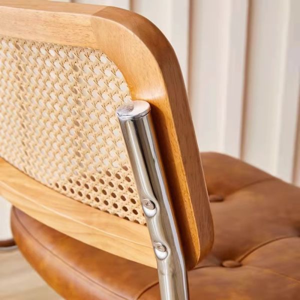 Simple Comfortable Solid Wood Home Dining Chair Stainless Steel  Conference Cafe Rattan Leisure Chair