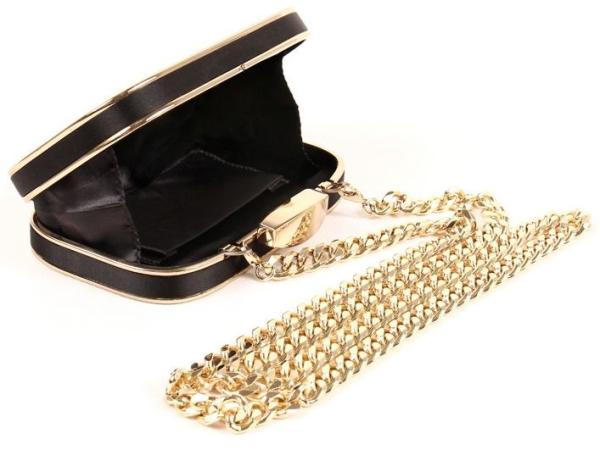 Elegant Black Satin Clutch Bag Metal Frame With Removable Metal Chain