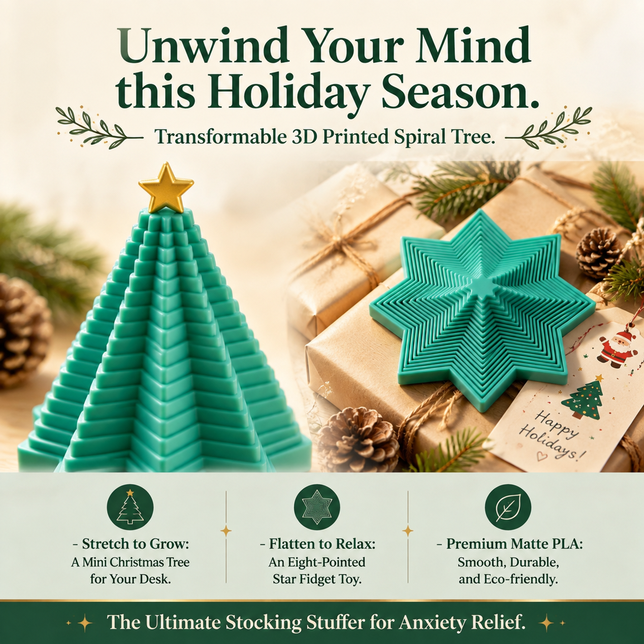 Stretchable 3D Printed Holiday Decoration Xmas Tree Stress Relief Desktop Decor