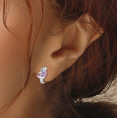 925 Sterling Silver Unicorn Huggie Earrings 16mm Pink CZ for Kids