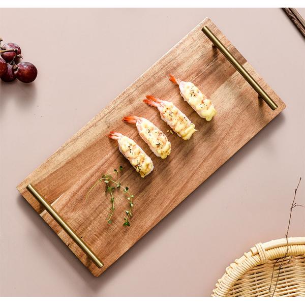 bandeja de servicio de madera con mangos de metal, platos de servicio de decoración de granja con estilo, tabla de servicio de madera para otomana o pieza central