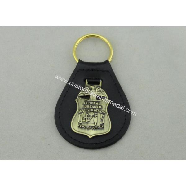Die Stamping Personalized Leather Keychains With 3D Antique Brass Emblem