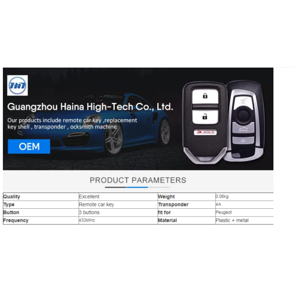 Smart Key Fob with 3buttons 433MHz 4A chip fit for Peugeot