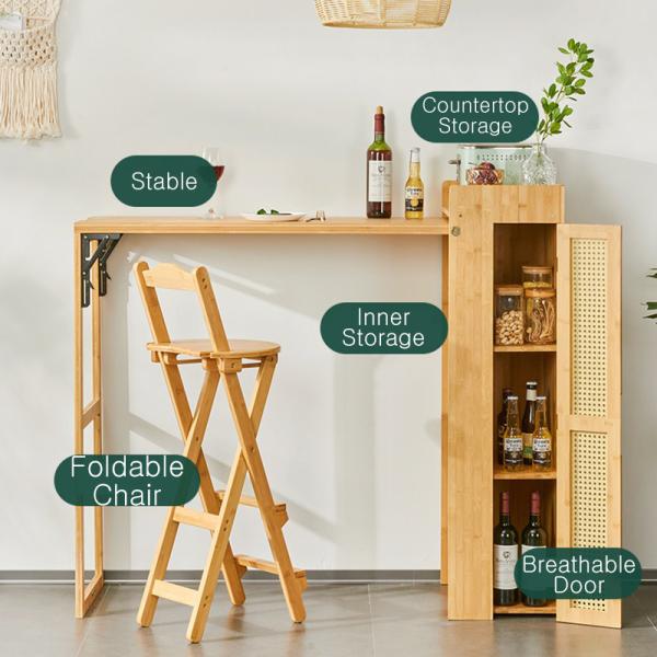 Bar Dining Table and Chair Set, Cabinet with Folding Platform Space-Saving Small Side Eating Stand in Kitchen