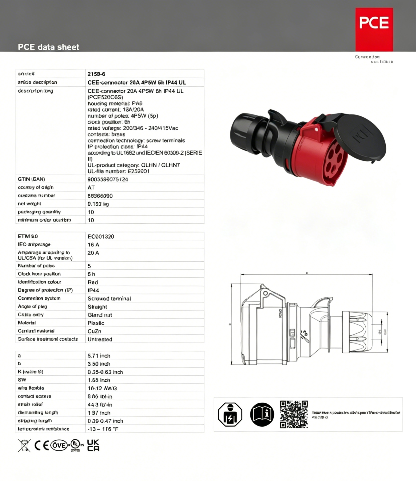 PCE Industrial Plastic Plug and Socket American Standard for Specification-415V-30A-5-Core (4P5W)-IP44-1 Outlet
