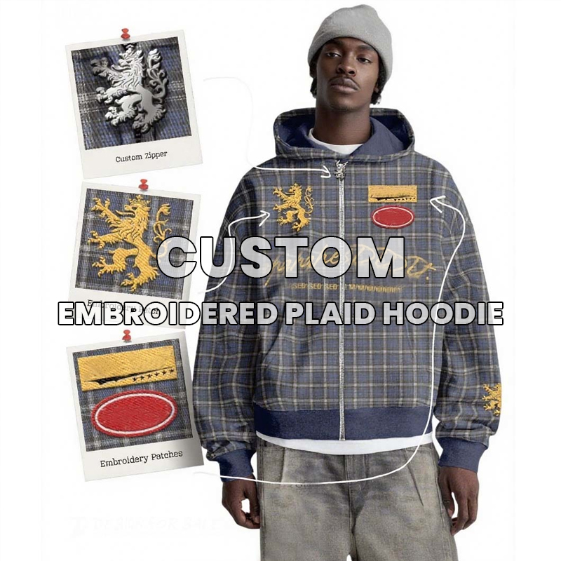 Men’s Vintage Blue Plaid Zip-Up Hoodie | Gold Lion Crest Embroidery & Patches | Oversized Streetwear Style