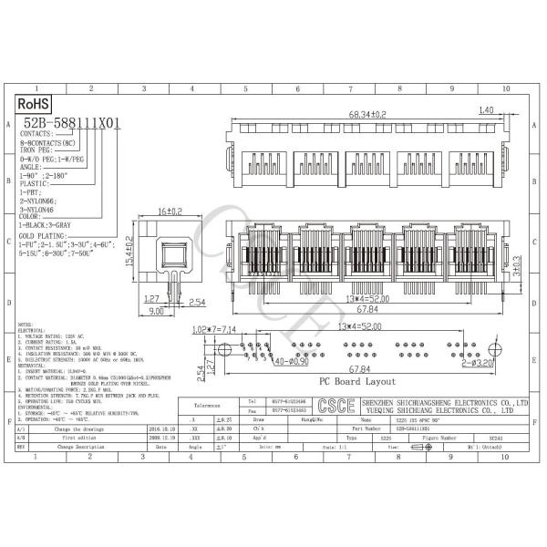 DIP 1 X 5 RJ45 Multi Port 8 Pin 8 Contact 90 Degrees PBT / PA66 / PA46 Housing Material