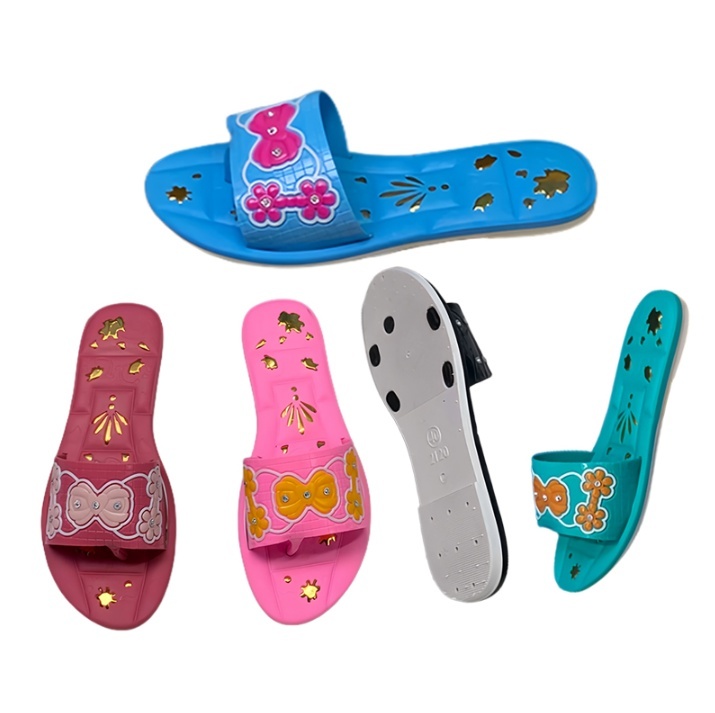 PVC Women Solid Strap Slides With Bow Rhinestone Floral Print