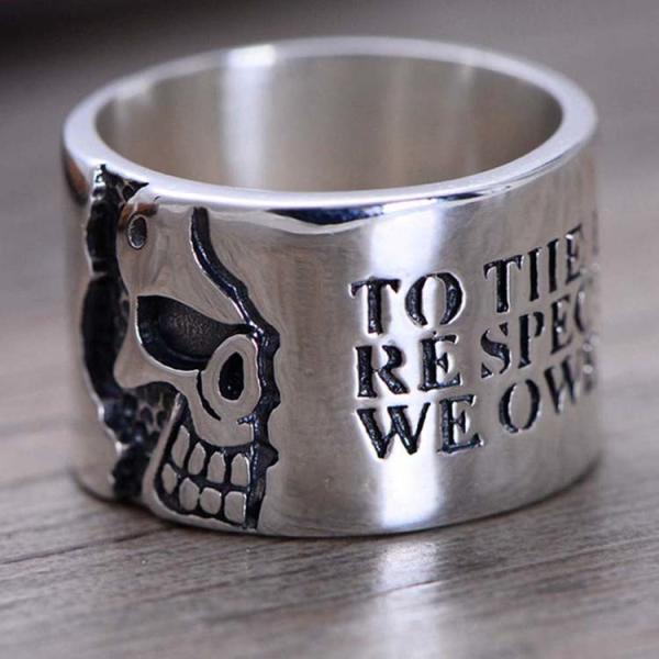 Retro Vintage Engraved Words Skull Sterling Silver Band Ring (036901)