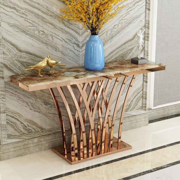 Glossy Stainless Steel Entrance Console Table Marble Top Hallway Table Marble Height 78cm