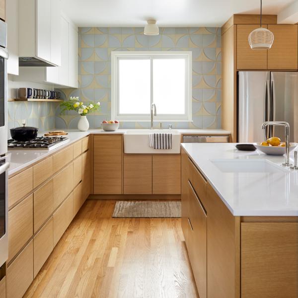 L Shaped Mealmine Kitchen Cabinet White And Beige With Pantry Island Sink