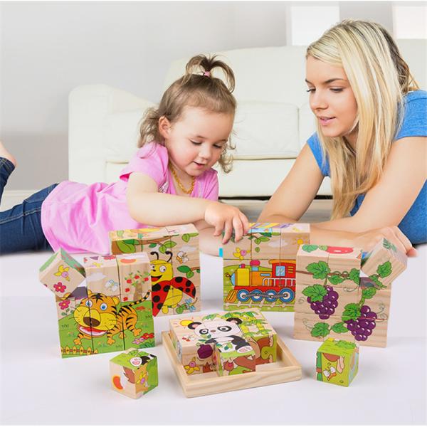 Baby Wooden Block Toys Animal Fruit Early Learning Six Side 3D Cube Jigsaw