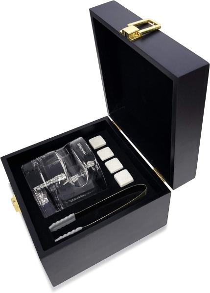 Cigar Whiskey Glass Wooden Gift Box, Old Fashioned Glass, Cooling Whiskey Stones and Tongs Bar Wood Box