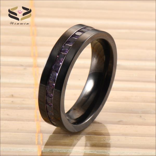 Purple CZ Stone Inlay Wedding Titanium Rings Black Plated Flat Edges Mens 6MM