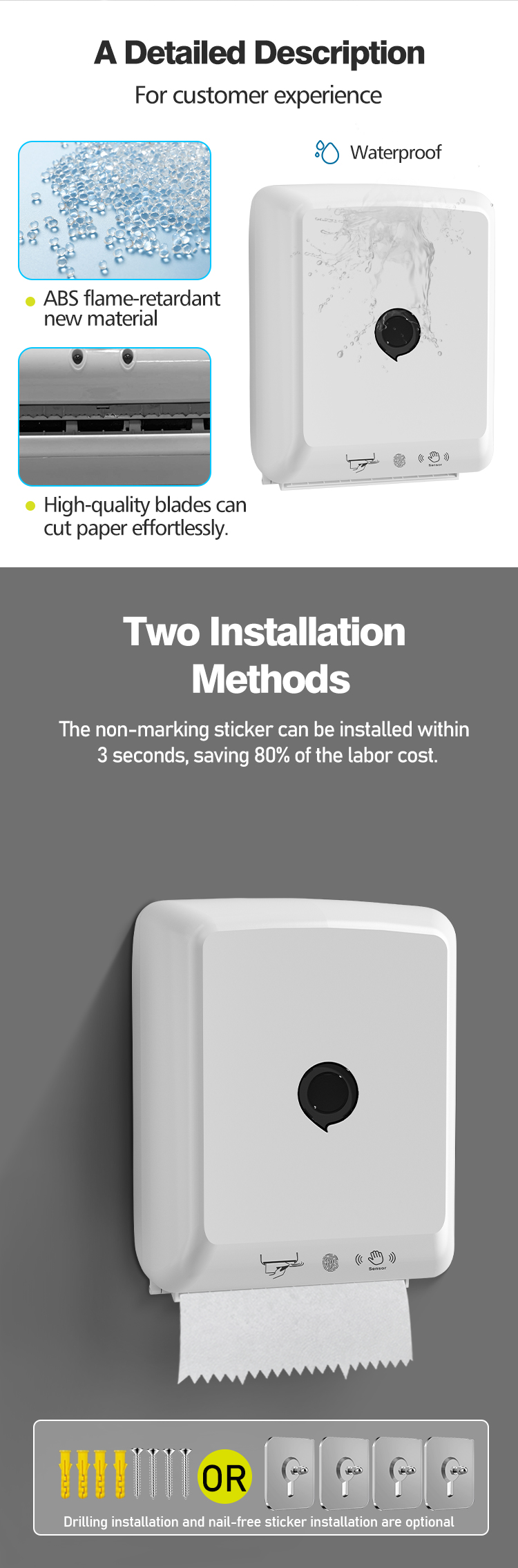 Lockable Touchless Auto Cut Paper Towel Dispenser Wall Mounted ABS Plastic Material