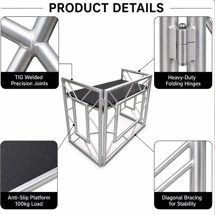 Foldable Aluminum Truss DJ Booth Workstation with Anti-Slip Platform 100kg Load Capacity and No Tools Required Assembly
