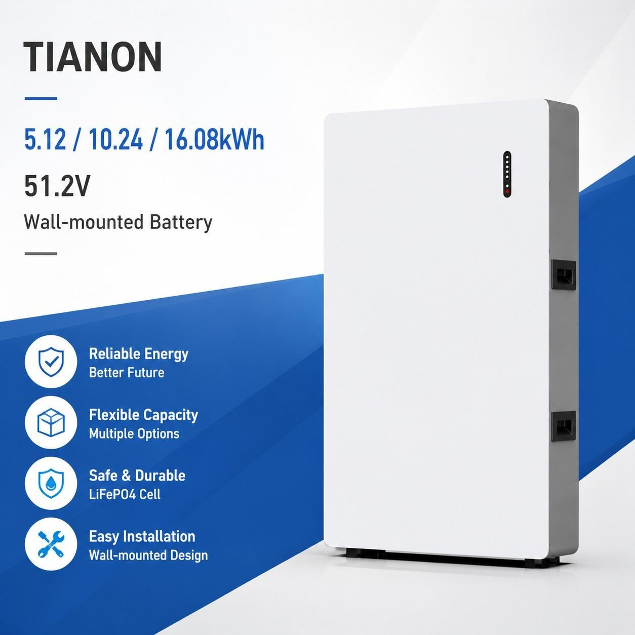 Wall-Mounted LiFePO4 Battery 51.2V 100Ah 5.12kWh 6000 Cycles Smart BMS WiFi Home Energy Storage System