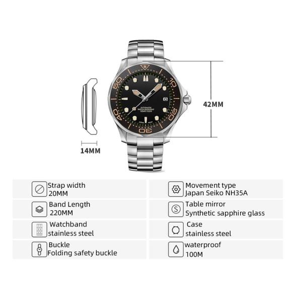 42mm 3ATM Stainless Steel Wristwatch Timepiece Men Quartz Watches Rotate Bezel