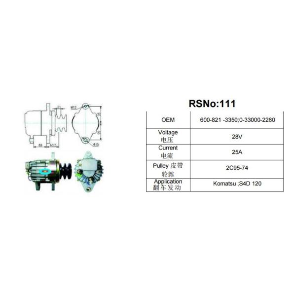 Auto Starter Alternator Long Service Life 600-825-3350 0-33000-2280 Komatsu S4D120