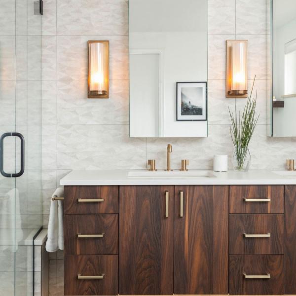 Rectangle Mirror Bathroom Sets Wood Grain Timber Veneer Modern Luxury Bathroom Vanity With Sink