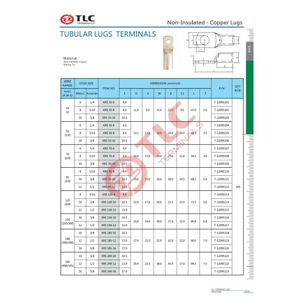 35-240mm2 Copper Tube Cable Lugs For Silver Connectors Non Insulated Copper Lug