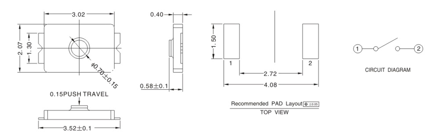 4 переключатель кнопки IP67 мембраны Pin 3.02x2.07 SMT