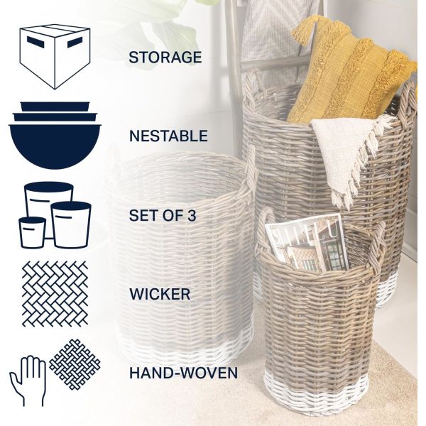 Hand-Woven Rattan Nesting Wicker Storage Baskets W/ Wheels And Handles, Seagrass Container For Decoration In Bedroom, Laundry Room,White Wash/Kubu Gray