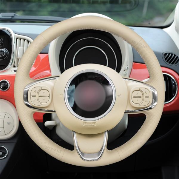 Custom Hand Sewing Beige Artificial Leather Steering Wheel Cover for Fiat 500 2015-2021 500C 2016 2017 2018 2019 2020-2021