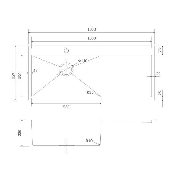 42' Undermount Drainboard Kitchen Sink  Single Bowl 105x45