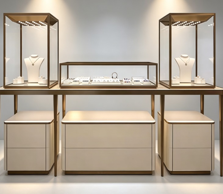 Customizable Design Jewelry Display Cabinet with Tempered Glass and Solid Wood Adjustable Glass Shelves