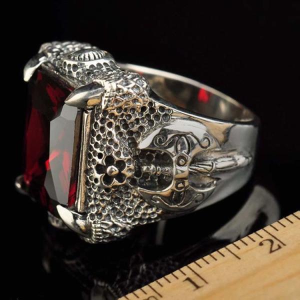 Mens Thailand Retro Dragon Sterling Silver Ring with Created Garnet(023605WRED)