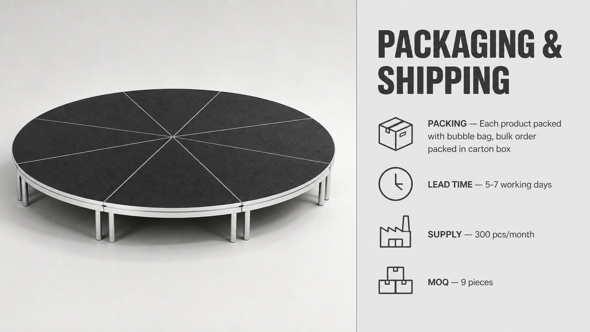 Circular Modular Stage Platform 3.66m Diameter with Black Anti-Slip Surface and Adjustable Height 45-60cm