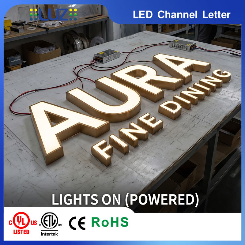Titanium Gold Finish Plating Slim Casing Front Lit Covered Sheet LED Signage For Luxury Restaurant