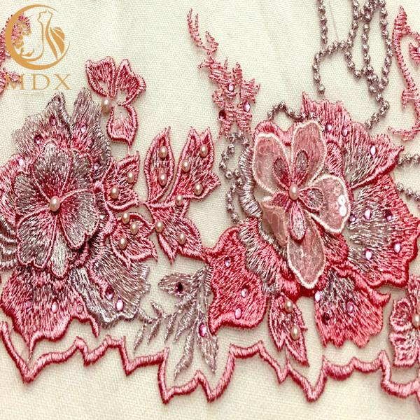 French Tulle Net Lace Fabric Pink 3D Flowers Embroidery For Party Dress