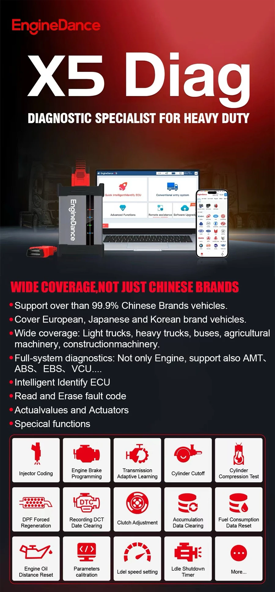 Engine Dance X5 Ultra Truck Diagnostic Scanner Full System Diagnostics ECU Programming for Vehicles, ABS EBS SCR DPF Diagnostic Tool