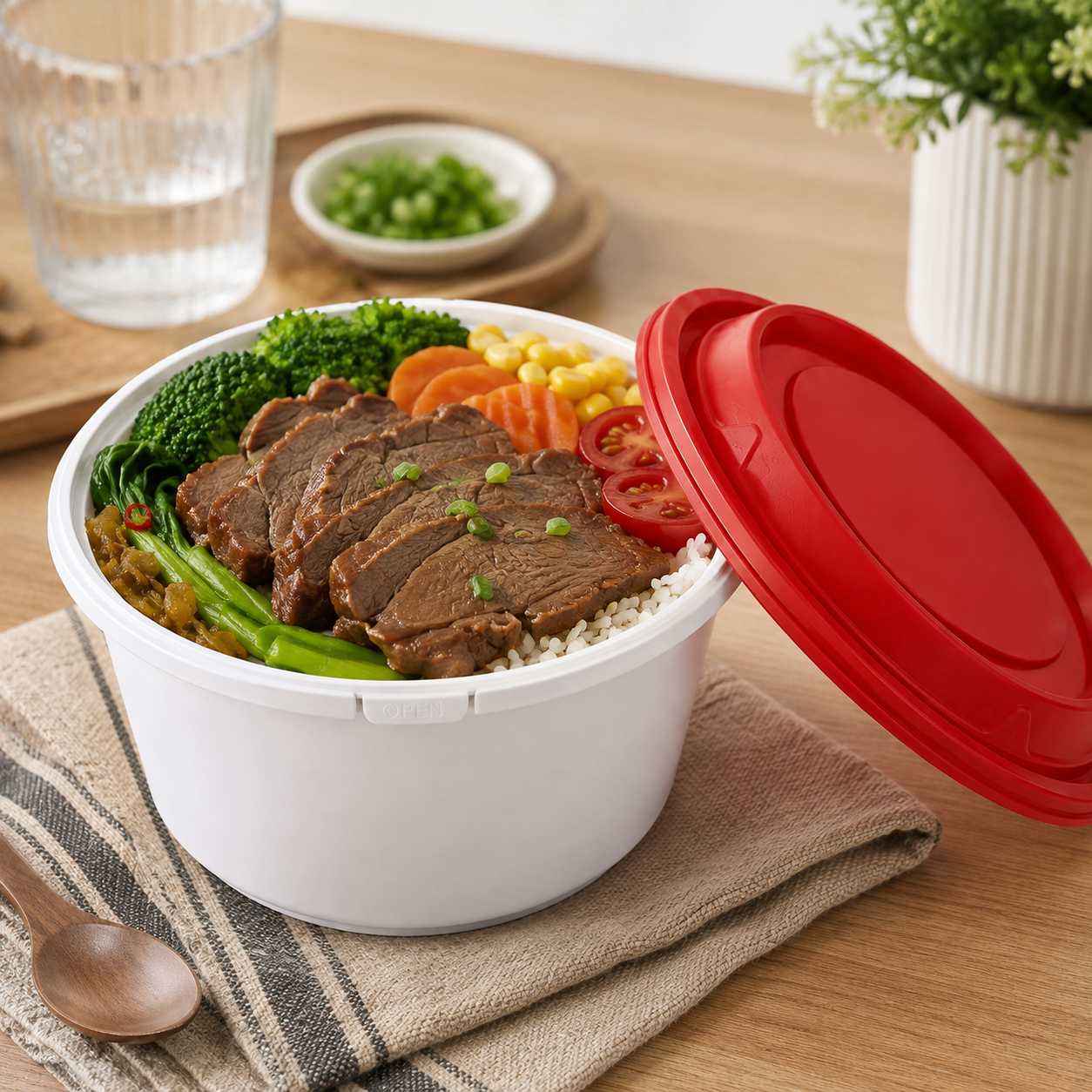 Takeaway PP Snap Lock Bowls 1388ml Tall with Red Tamper Evident Lid
