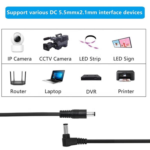 Ángulo recto de 90 grados de macho a macho recto 5.5x2.1mm Jack de barril Cable de extensión de energía DC
