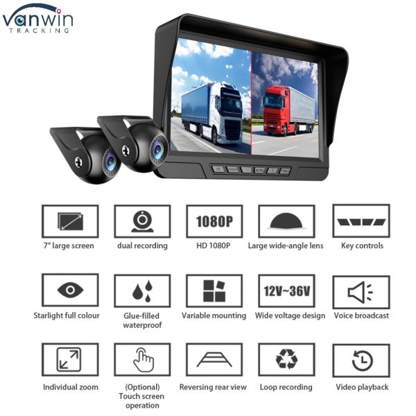 AI Car Video Recorder 7 Inch IPS Touchscreen with Blind Spot Detection and Rear View Camera for Trucks and Motorhomes