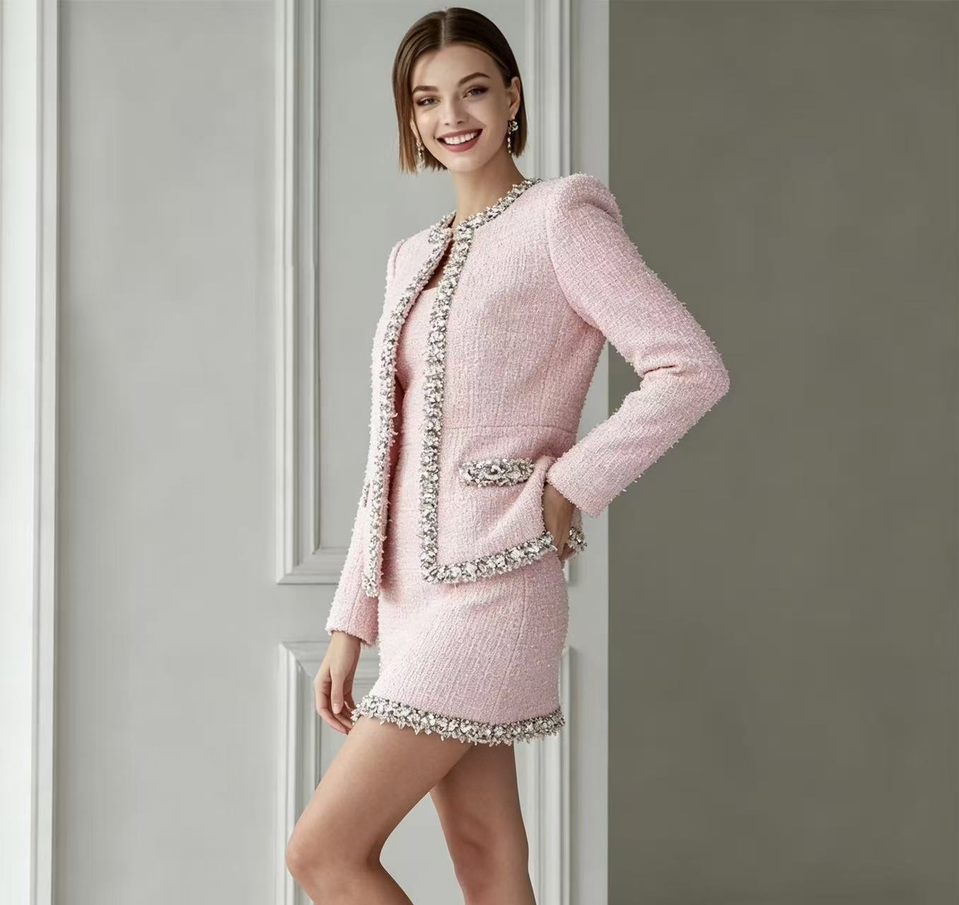 Elegant Women's Tweed Blazer & Mini Skirt Set with Crystal Rhinestone Trim and Fitted Waist Silhouette in Polyester Blend Tweed Fabric