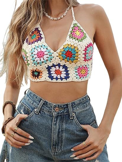 Women Summer Beach Crochet Top Bralette Knit Bra Bikini Crochet Halter Tops for Women Backless Camisole Knit Bra Tops Bralette Summer Beachwear